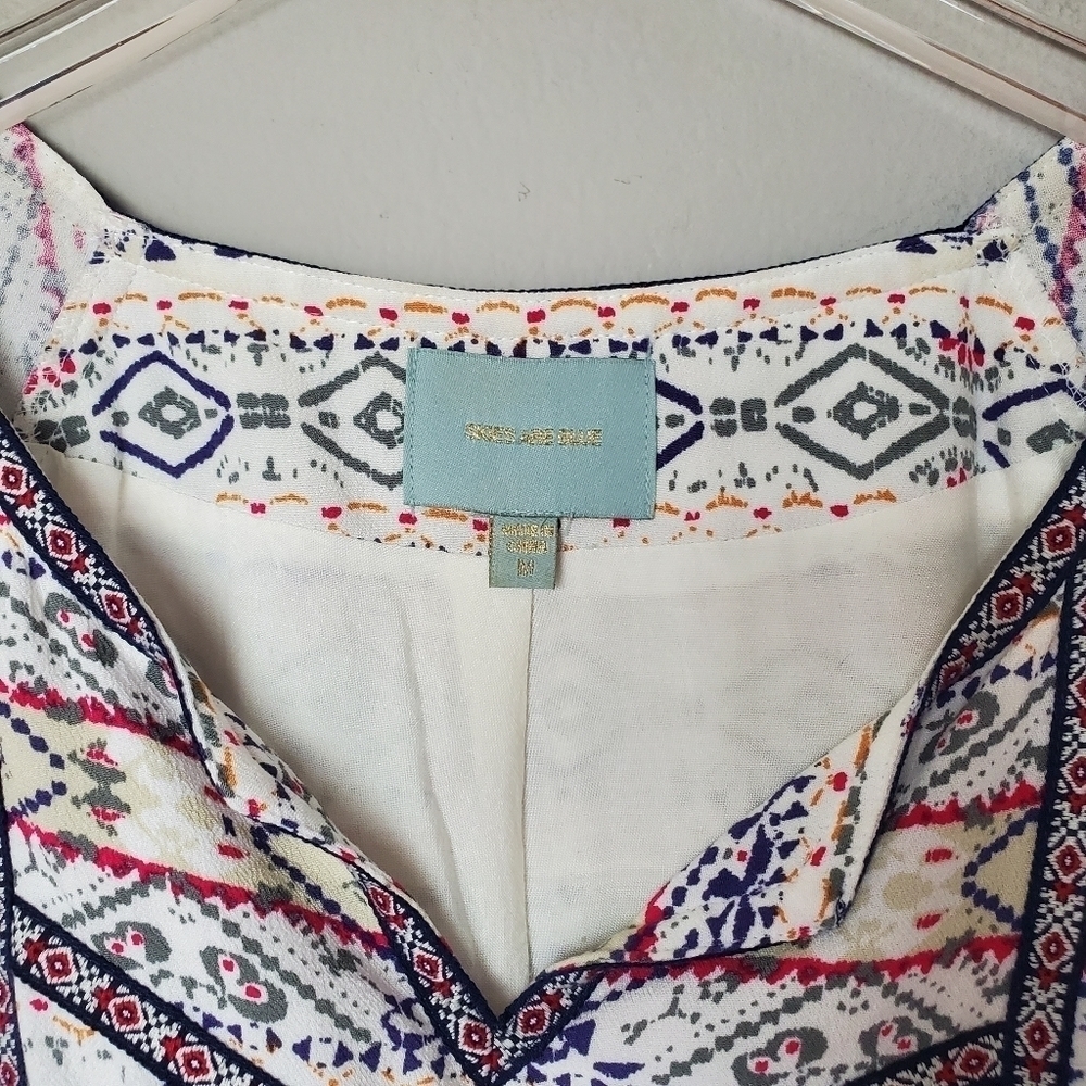 Anthropologie Cream Boho Printed Shift Dress with Pink & Blue Accents - Picture 7 of 13